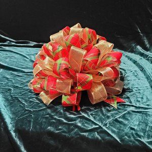 Christmas Tree Bow Topper, Red/Green Plaid & Gold Ribbon Tree Topper 44 Loop Bow